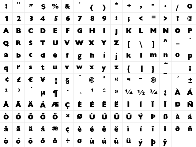 Chantilly-Xbold Regular  glyph index