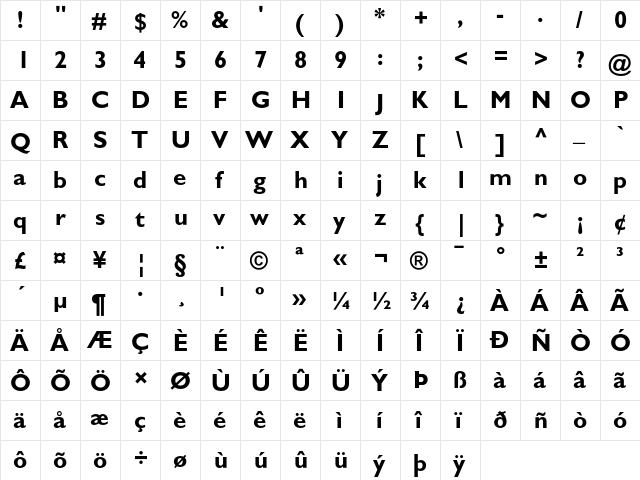 Gill Sans Bold  glyph index