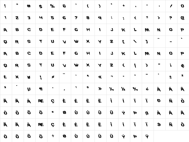 Wicker Man Leftalic Italic  glyph index