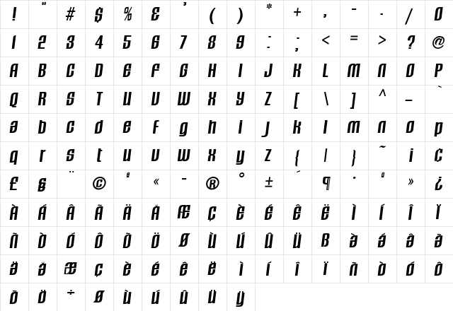 TFCavalier Regular  glyph index