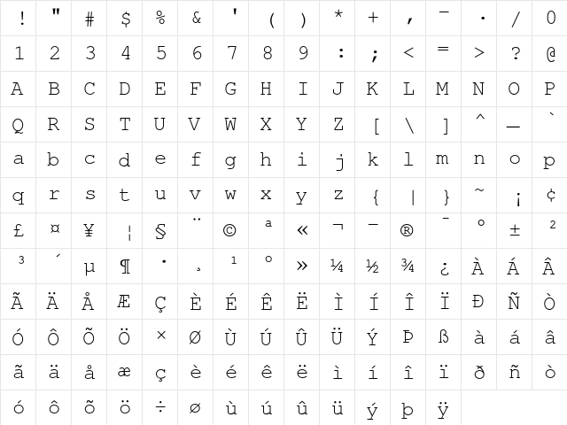 Nimbus Mono L Regular  glyph index