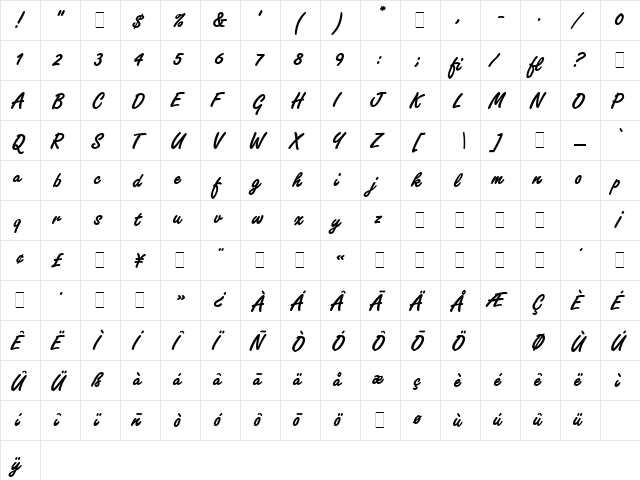 Freestyle Script Bold LET Plain  glyph index