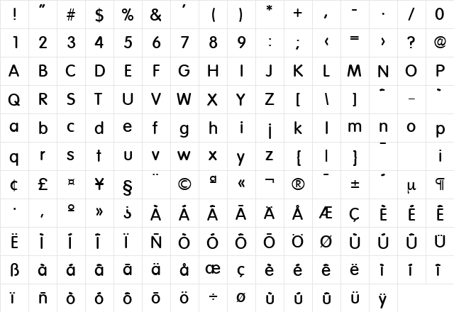 Volkswagen-Serial-Medium Regular  glyph index