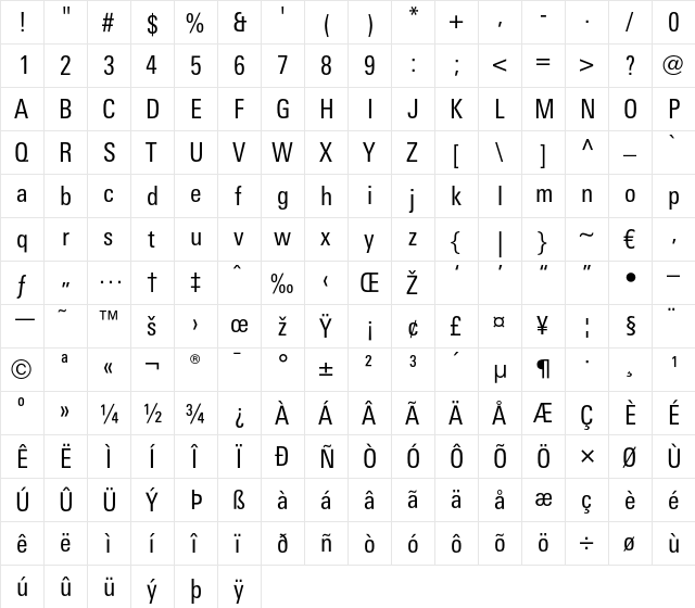 LTUnivers 420 CondRegular  glyph index