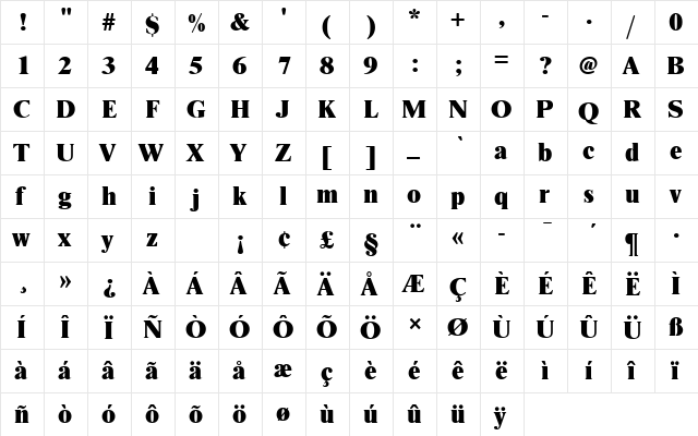 NimbusRomDExtBolRo1 Regular  glyph index