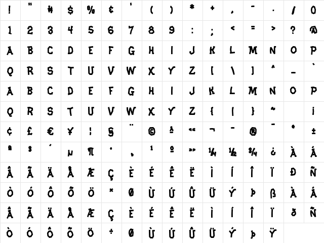 Clunker AOE Regular  glyph index