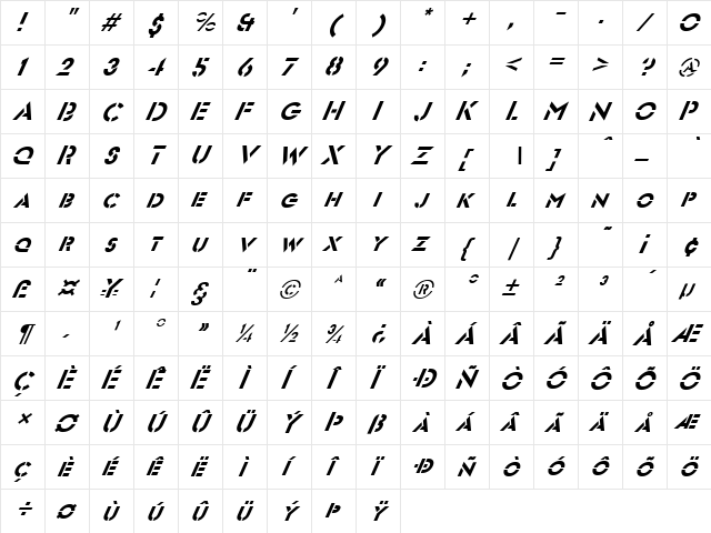 FZ JAZZY 54 ITALIC Normal  glyph index