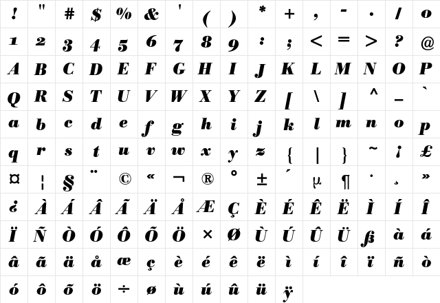 Bodoni Berthold Expert BQ Regular  glyph index
