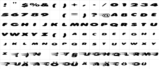 speedway Regular  glyph index