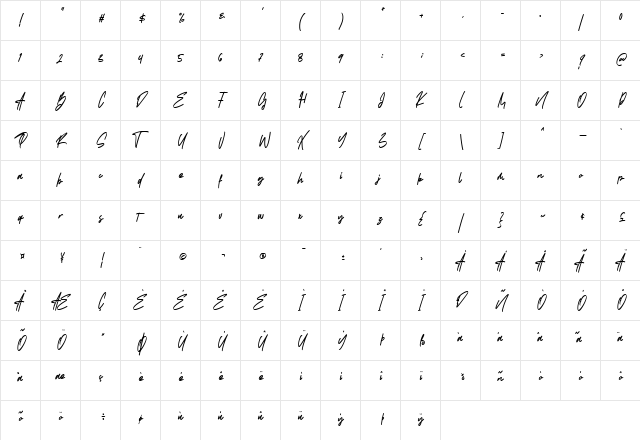 Santy Ehisa Regular  glyph index