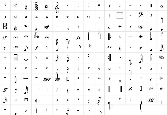 PGMusic F Regular  glyph index