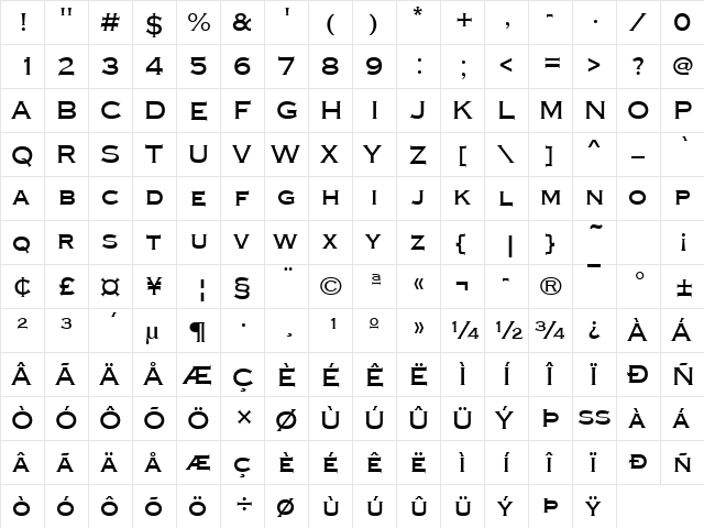 CopperplateTMed Regular  glyph index