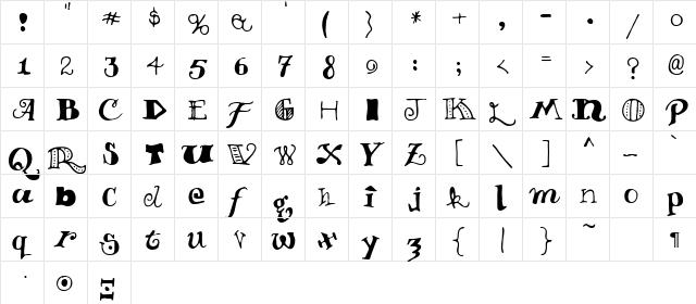 Wacky Regular  glyph index