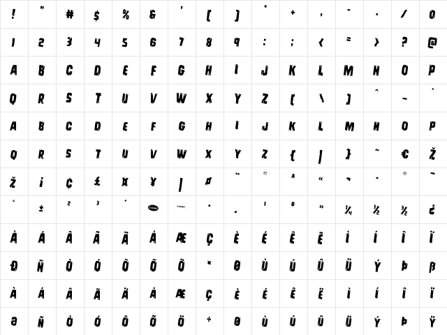 Leatherface Rotated 2 Regular  glyph index