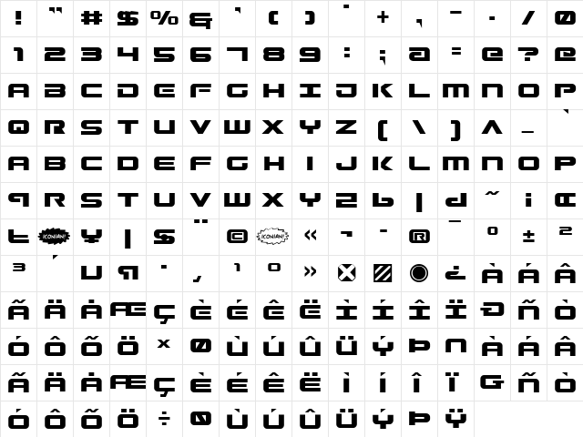 Gunship Regular  glyph index