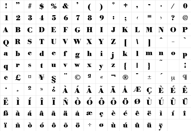 Bodoni-Serial-Heavy Regular  glyph index