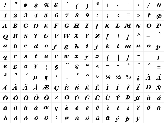 Kepler Std Bold Extended Italic Caption  glyph index