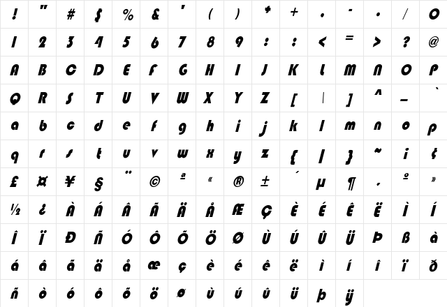 Hip Hop Regular Italic Italic  glyph index