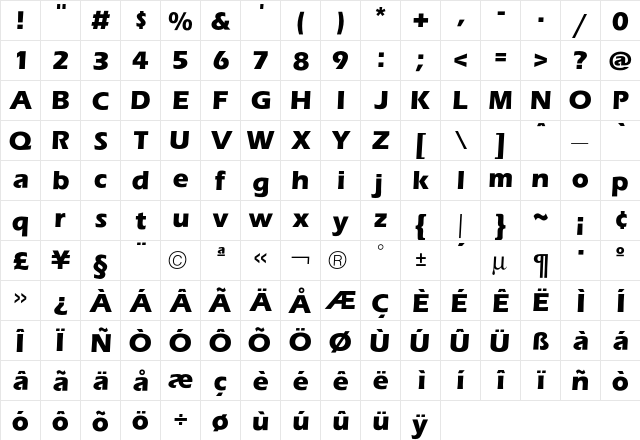 Eras Bold  glyph index