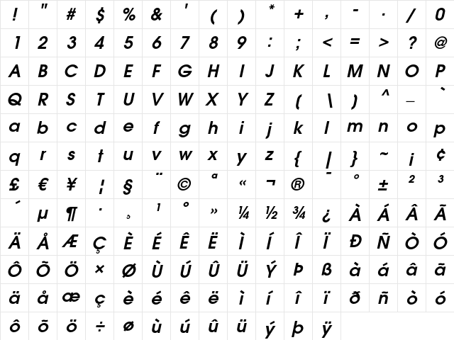 ITC Avant Garde Gothic LT Demi Oblique  glyph index