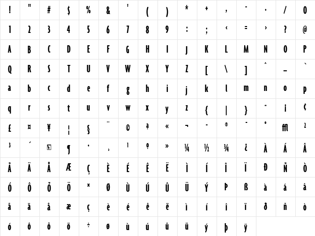 Agenda BoldUltraCondensed  glyph index