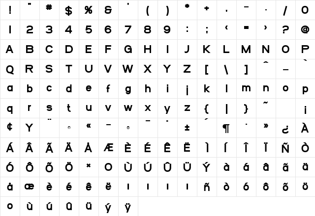 SF Arborcrest Heavy Regular  glyph index