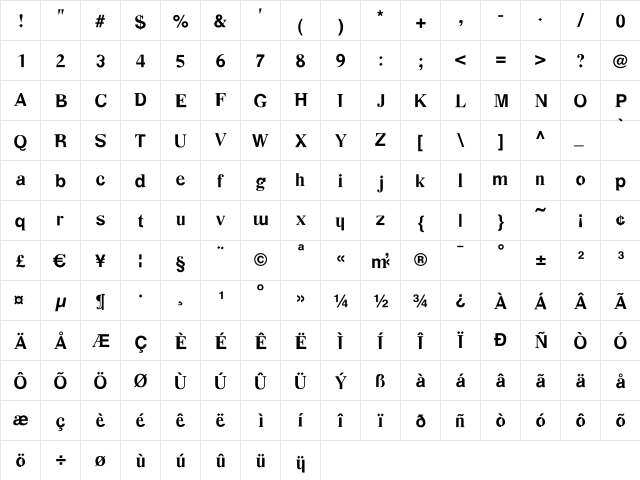 Desastra-Bold Regular  glyph index