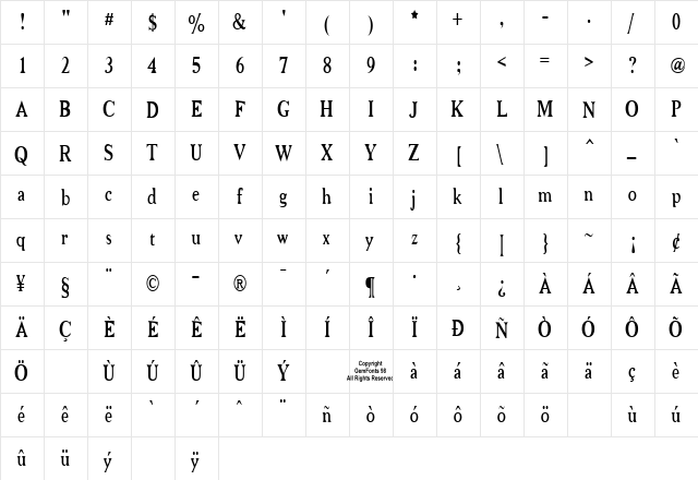 Niew CroMagnon Narrow Regular  glyph index