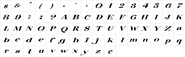 PixieFont Ex ITALIC Italic  glyph index