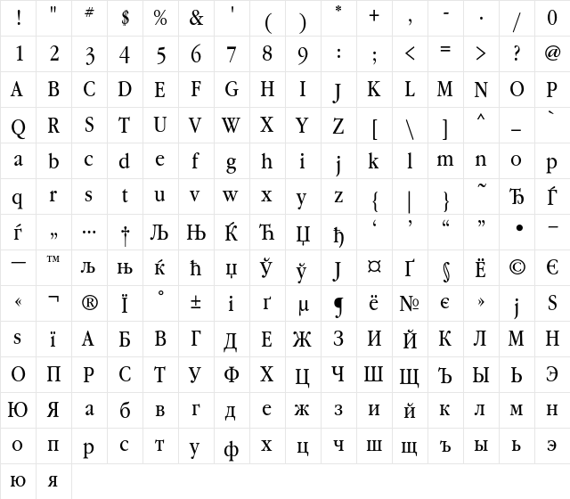 GaramondBookNarrowC Regular  glyph index