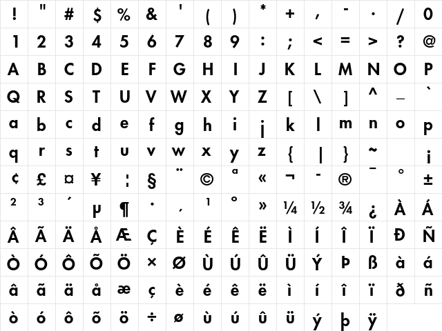 Futura Std Heavy  glyph index