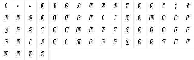 Broadway Flat 3D Italic  glyph index