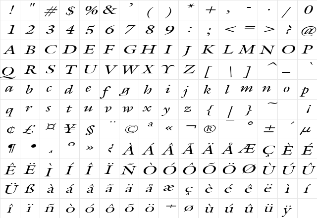 JoulliardExtended Italic  glyph index