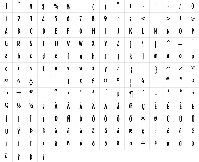 Erbar Regular  glyph index