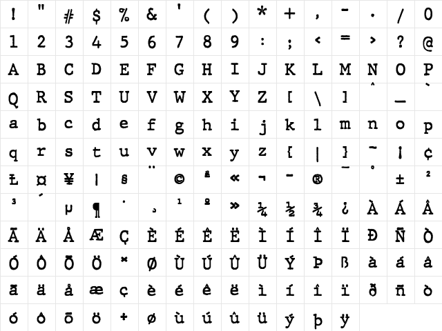 JMH Typewriter Bold  glyph index