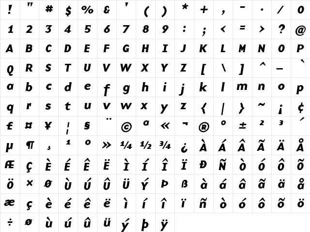 BaseNine Bold Italic  glyph index