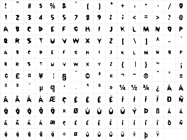 BarneyWay5 Regular  glyph index