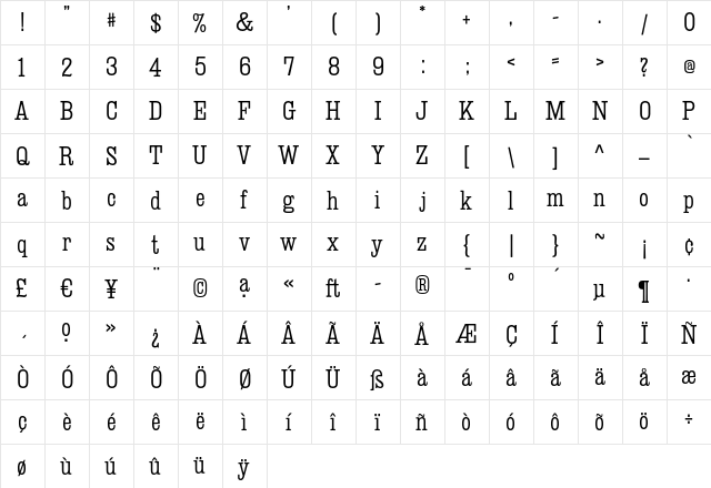 Deadwood Regular  glyph index