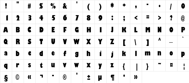 GillSansCondBlackC Regular  glyph index