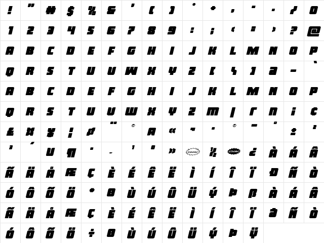 Inspector General Expand Ital Regular  glyph index