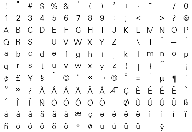 Uniform Light Regular  glyph index