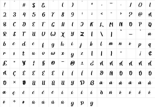 Brifuqa Regular  glyph index