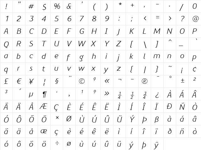 PreciousSans Regular  glyph index