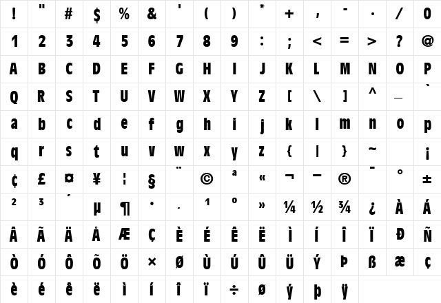 DecadeBlackCondSSK Regular  glyph index