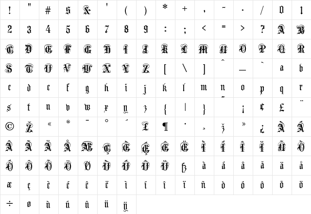 AngloText Regular  glyph index