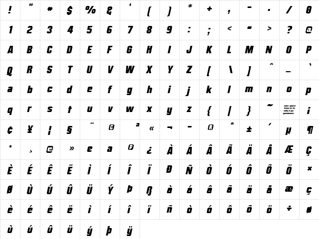 Mister Belvedere Oblique Regular  glyph index