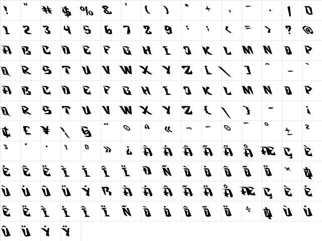 Zanden Tilted Regular  glyph index