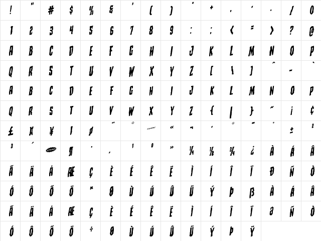 Creepy Crawlers Rotalic Italic  glyph index