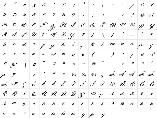 Dalliance Italic  glyph index