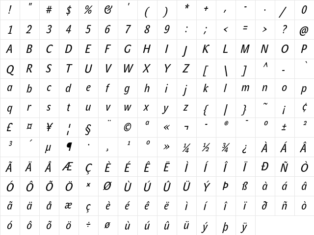 JohnSansCond White Pro Bold Italic  glyph index